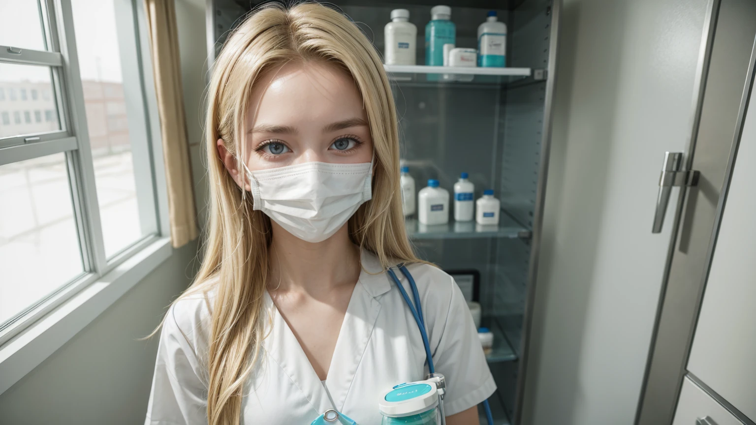 18 year old hot blonde girl with medical mask in white nurse clothing, medical cabinet, holding a dirty jar