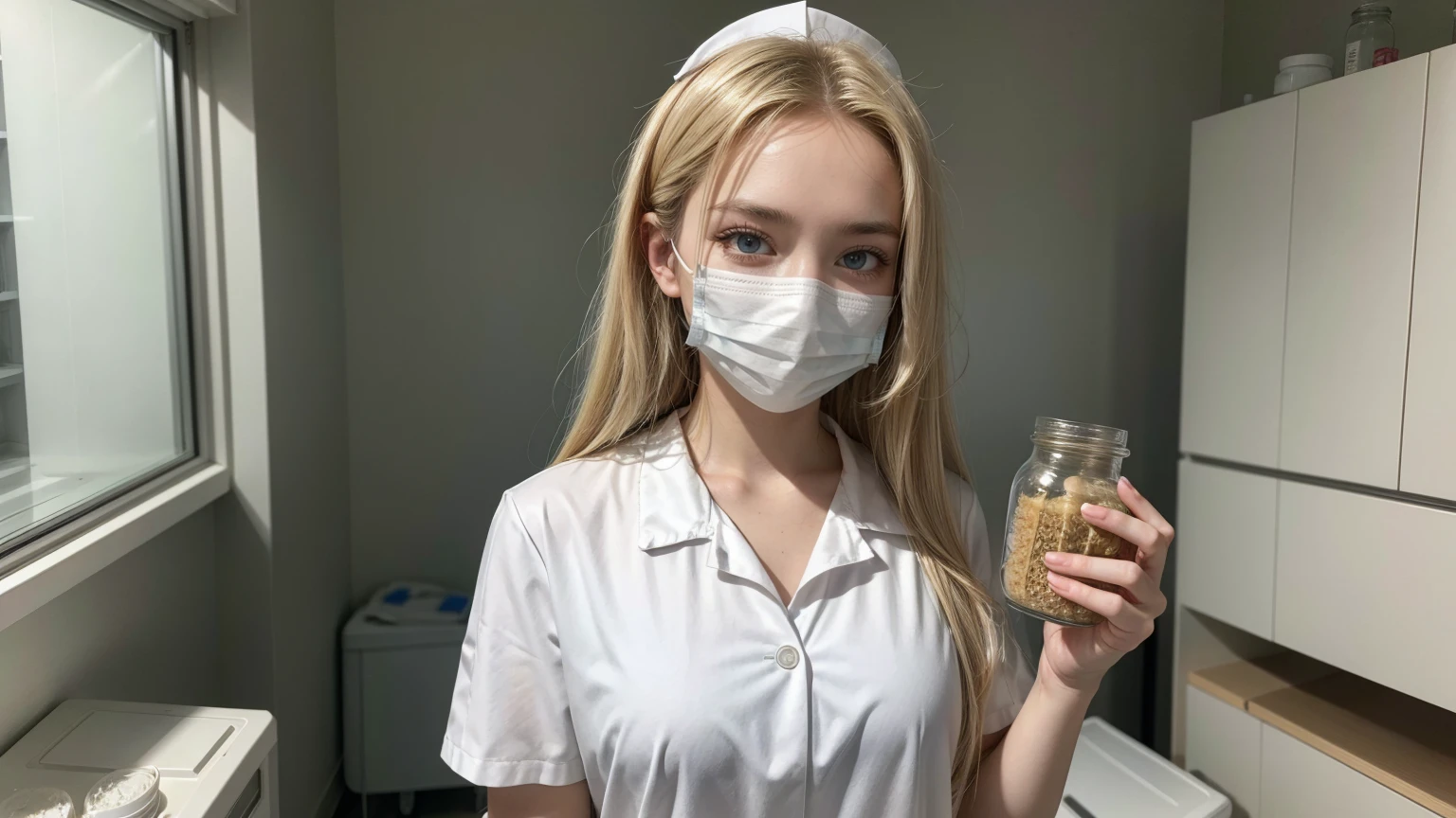 18 year old hot blonde girl with medical mask in white nurse clothing, medical cabinet, holding a dirty jar