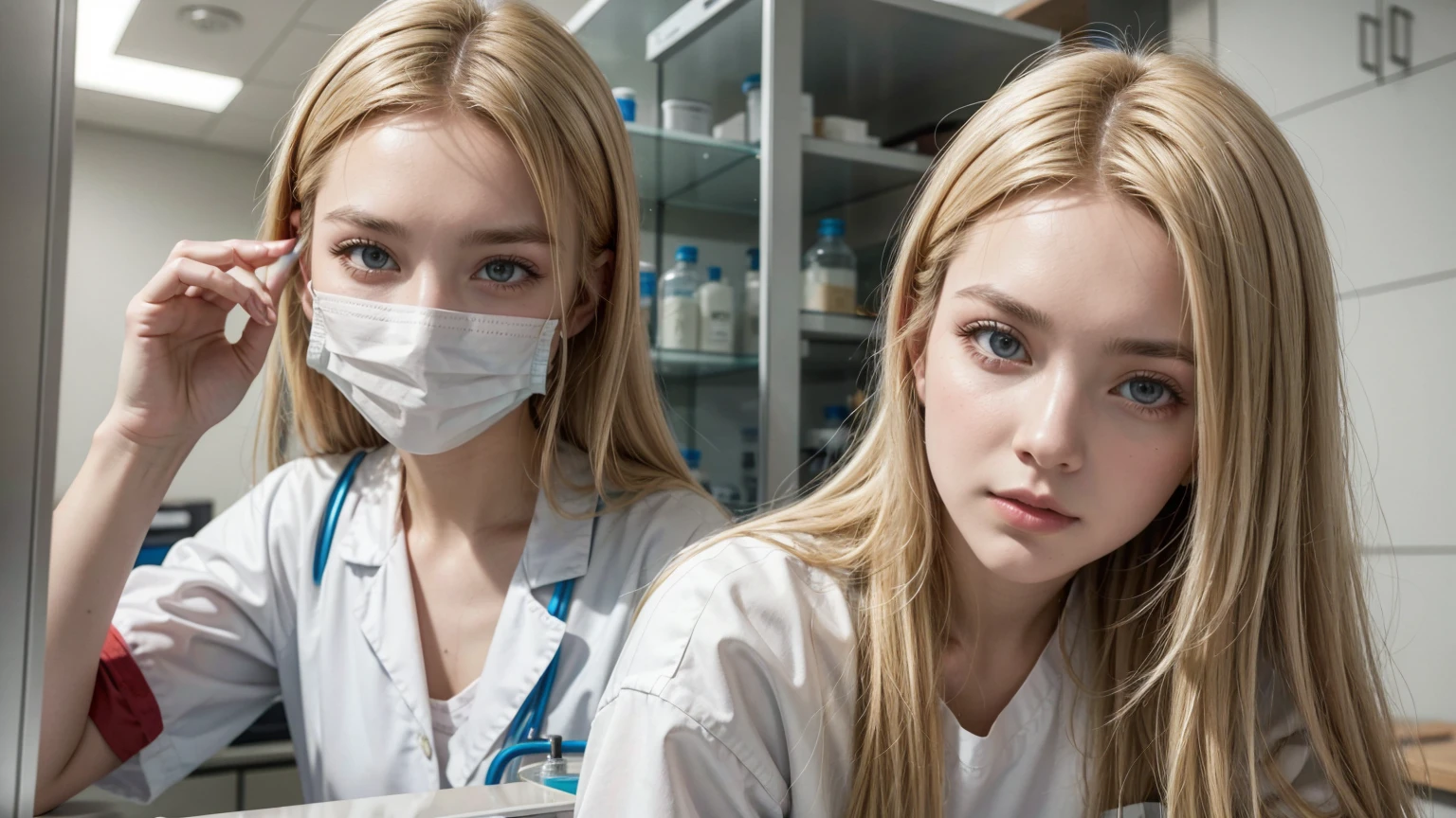 18 year old hot blonde girl with medical mask in white nurse clothing, medical cabinet, holding a dirty jar