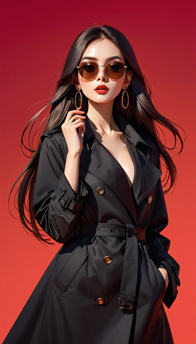(masterpiece，high quality，8K).beautiful girl，Skin details，Bright Eyes，Straight long hair，sunglasses，Exaggerated earrings，Unique，Staring at the audience），（Black Deep V Trench Coat：1.37）。Raise your hands above your head，Pull ring，Look up from the bottom up，Light and Shadow，Clean and simple red background