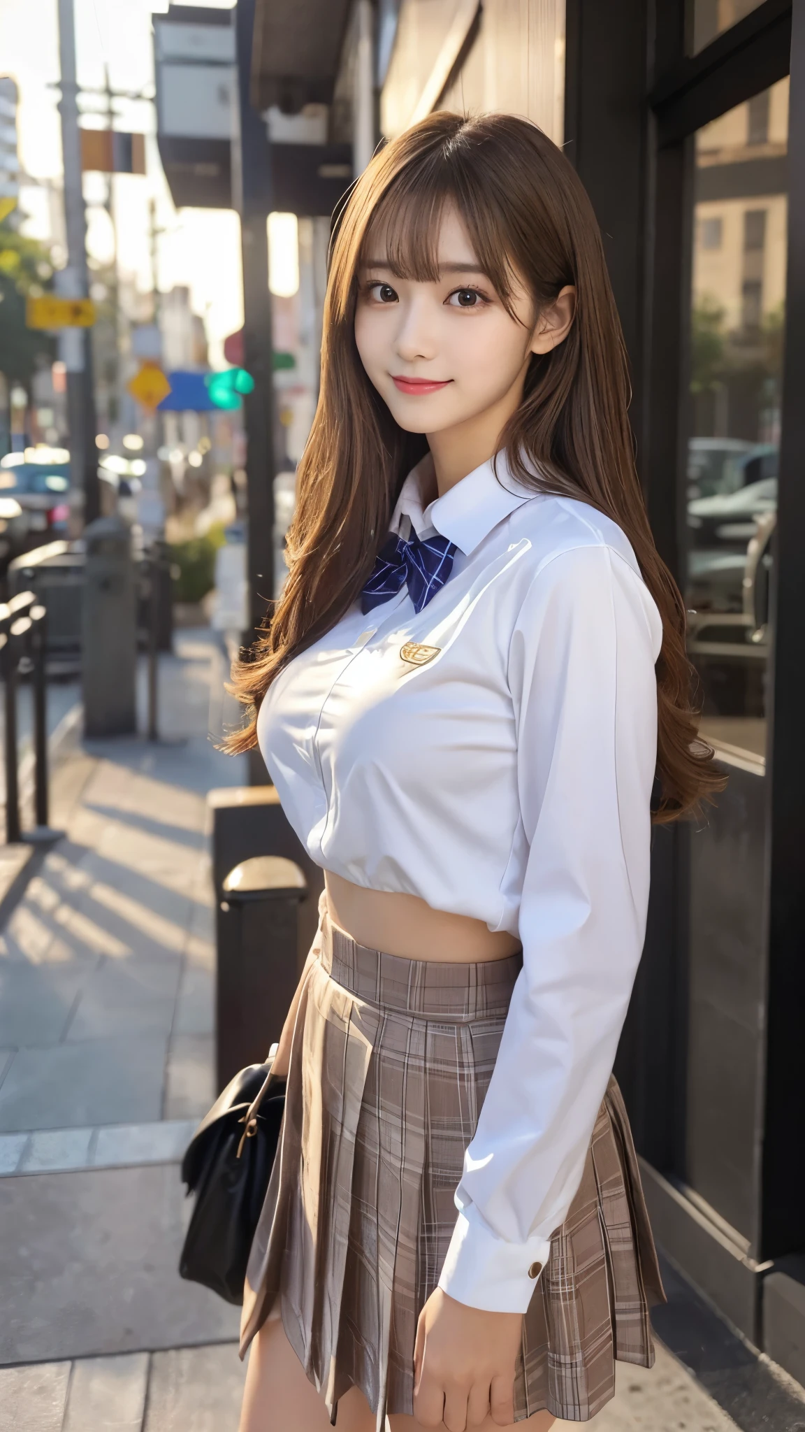 (Detailed skin:1.2),(Shiny skin:1.1),8K,Highest quality, masterpiece, Ultra-high resolution,(Realistic:1.4), RAW Photos,(Soft saturation:1.3),(Fair skin:1.2),Japanese Idols,repair,20 years, Light brown hair, (Shore Surf:1.2)、(Long Hairstyles:1.2), Asymmetrical Hair, Asymmetrical bangs (Pretty face:1.4), (Large Breasts, Tight waist), Beautiful lighting, Small Head, (Student Uniform:1.2,),Highly detailed face, Highly detailed lips, fine grain, double eyelid,(Full Body Shot), Browsing Caution, (Sharp focus: 1.2), (Perfect Anatomy、Beautiful woman with perfect figure: 1.2)、Random sexy poses,Accentuate your leg lines、Smiling