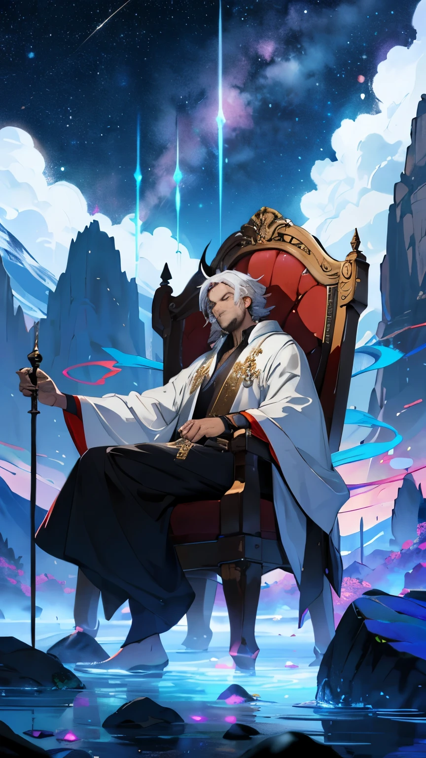 A fantasy sorcerer sitting in a flying chair. The chair is decorated with luminous runes and magical crystals that emit a soft light. The sorcerer wears a long robe embroidered with arcane symbols and holds a magical staff in his hand, from which an aura of energy emanates. The background is a fantasy landscape with floating mountains and starry skies. L'espressione dello stregone è saggia e determinata