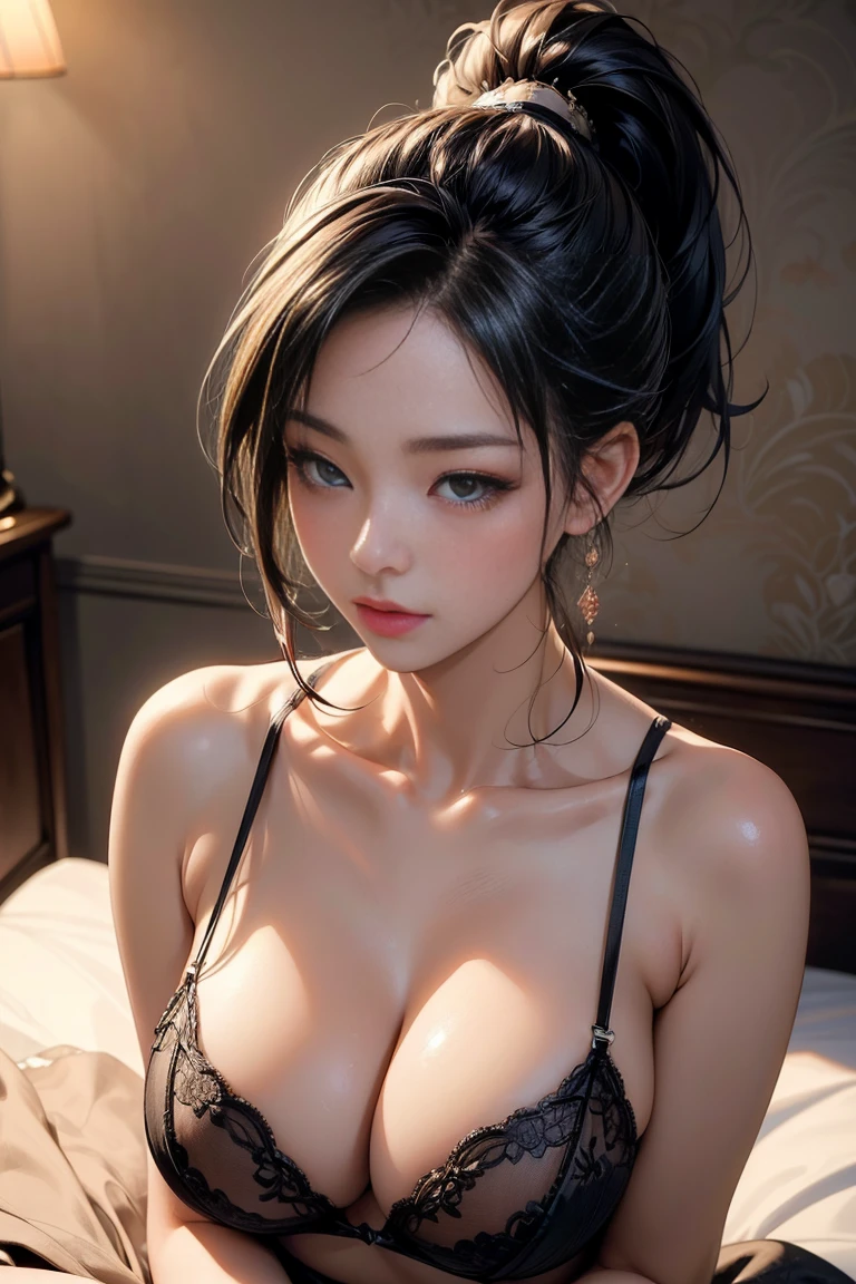 (((masterpiece))), (((best quality))), ((ultra-detailed)), ((8k wallpaper)), (Japanese mature woman:1.2), (sexy:1.2), (solo), (ponytail), (wearing elegant lingerie), (seductive pose), (detailed eyes), (soft lighting), (luxurious bedroom background), (perfect anatomy), (detailed skin), (glowing light), (sensual atmosphere), (intricate details),
