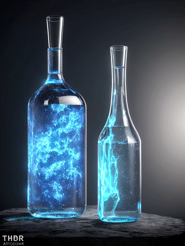 Glass bottle with translucent blue nebula Sea and majestic pirate ship, ether, Cinematic, Backlight, Spooky trends at the art station, Super detailed, Matte Paint, photograph, Arnold Renderer Import for Testing. Return. creative、And Upbeta.
