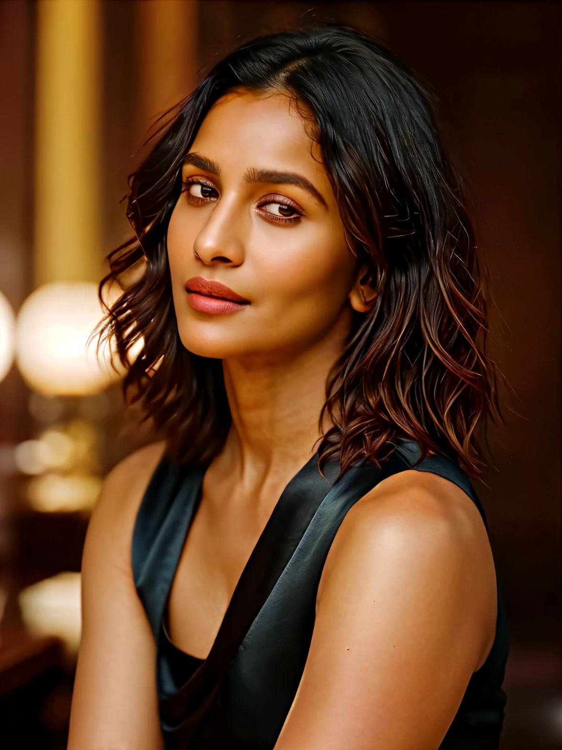 In this photograph, an Indian woman in her mid-30s takes center stage. She has curly hair, styled in a chic and stylish manner, perfectly framing her face. Her highly detailed face exudes confidence and grace, enhanced by a subtle smile. The background showcases a 5-star hotel’s moody private study, evoking a sense of luxury and sophistication. The photograph, captured by Lee Jeffries using a Nikon D850 with a film stock of 4 Kodak Portra 400 and a camera f1.6 lens, displays rich colors, hyper-realistic and lifelike texture, dramatic lighting, and realistic detail.

The woman is wearing a sleek black dress that exudes elegance and sophistication. The dress is tastefully designed, accentuating her stylish look. She completes her ensemble with minimalistic yet striking jewelry, adding to her sophisticated appearance.

The photograph is meticulously captured in 8K resolution using cutting-edge techniques such as Cinema 4D and Octane Render, resulting in a highly detailed and photorealistic image. Studio lighting, HDR, and a smoky mist create a captivating ambiance, while the bokeh effect adds an artistic touch.