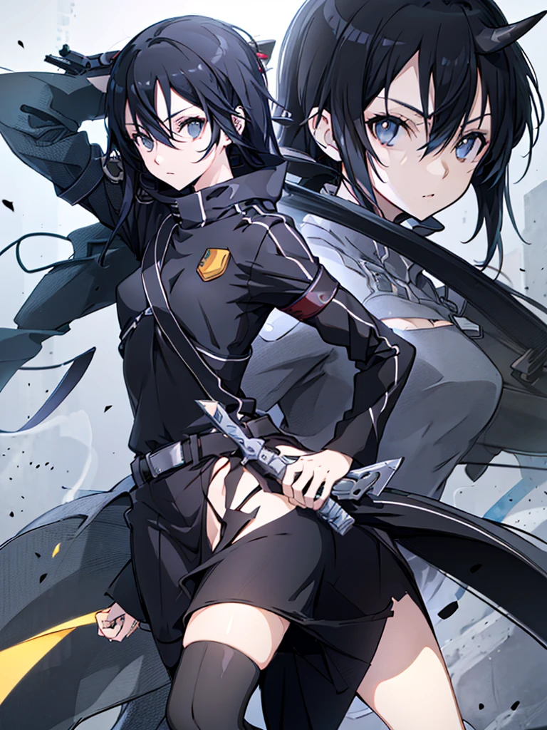 A woman with long straight black hair，Realistic illustrations，Beautiful Face，Cool look，Grey eyes with dilated pupils，Small demon horn，Female Kirito