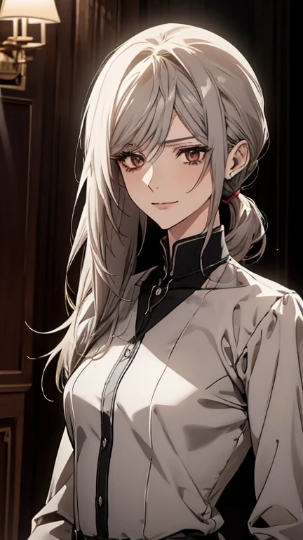 (Confused, High resolution, Very detailed), 1 female, Silver Hair,Long Hair,Reddish brown eyes,Dark suit,secretary,Low Ponytail,24th generation,Beautiful woman,mature,thin,quiet,Calm,Small breasts,A small smile,Reception room,