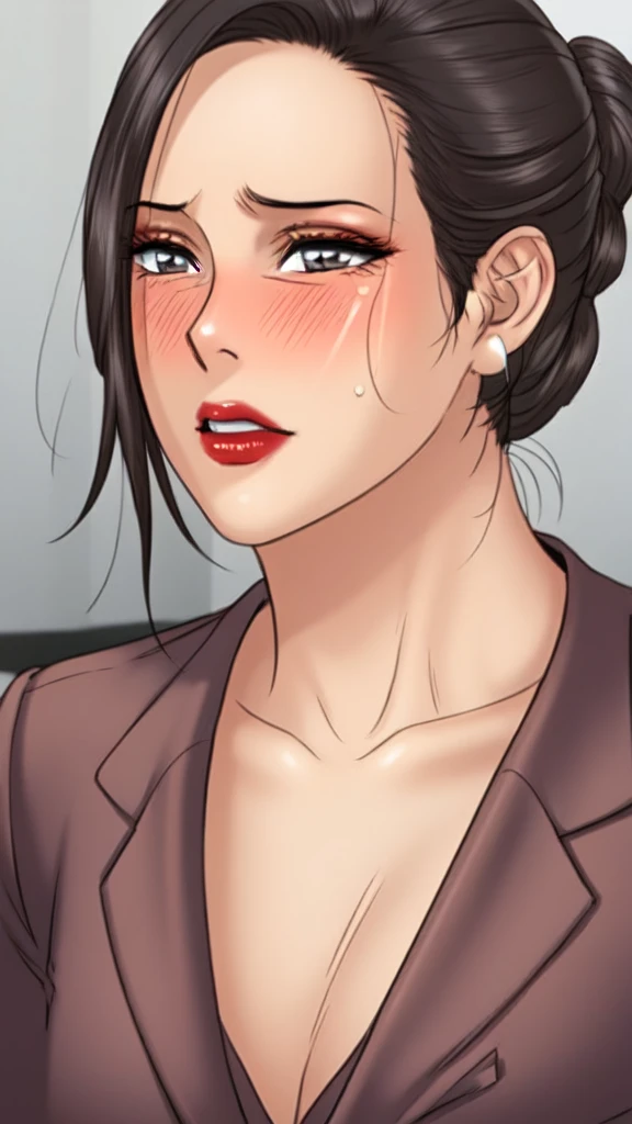 masterpiece,best quality,highly detailed,(photo realistic, hyperrealistic),mrs_ahn, 1girl, red lips, lipstick, single hair bun,office suit,video recording,hotel room,posing,blush,earings,makeup,full body show, wear.