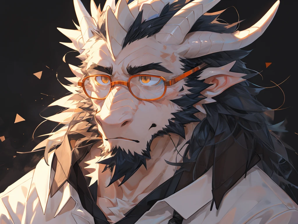 masterpiece,high quality,Perfect anatomical structure,hairy,human dragon,White scales,Black Corner,male, Rainbow 5,pupil,Bright Eyes,Exhausted,wear glasses,Delicate face,By Qingshan,Close-up face