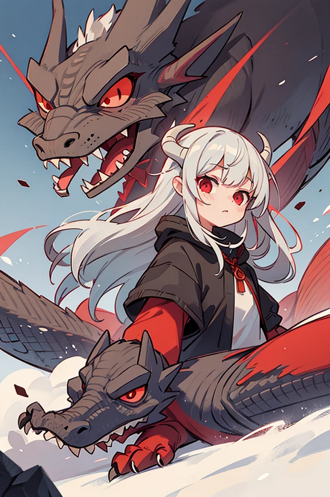 gray hair, red eyes, long hair, , Ancient dragon-like dragon