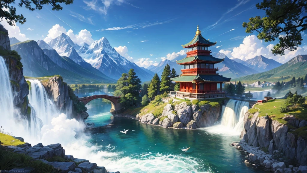 The painting depicts a traditional East Asian landscape with soaring rocky mountains studded with trees, The waterfall falls into the river flowing over the curved bridge, and many fall-colored trees at the foot of the mountain. In the sky there were two white birds flying and on the top of the mountain there was a small temple. The sky is painted gently to create the feeling of fog or clouds. The upper right corner of the picture has Chinese characters, could be the artist's signature or a poem related to the work.