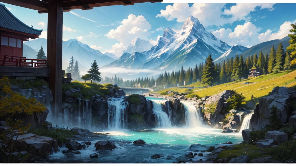 The painting depicts a traditional East Asian landscape with soaring rocky mountains studded with trees, The waterfall falls into the river flowing over the curved bridge, and many fall-colored trees at the foot of the mountain. In the sky there were two white birds flying and on the top of the mountain there was a small temple. The sky is painted gently to create the feeling of fog or clouds. The upper right corner of the picture has Chinese characters, could be the artist's signature or a poem related to the work.