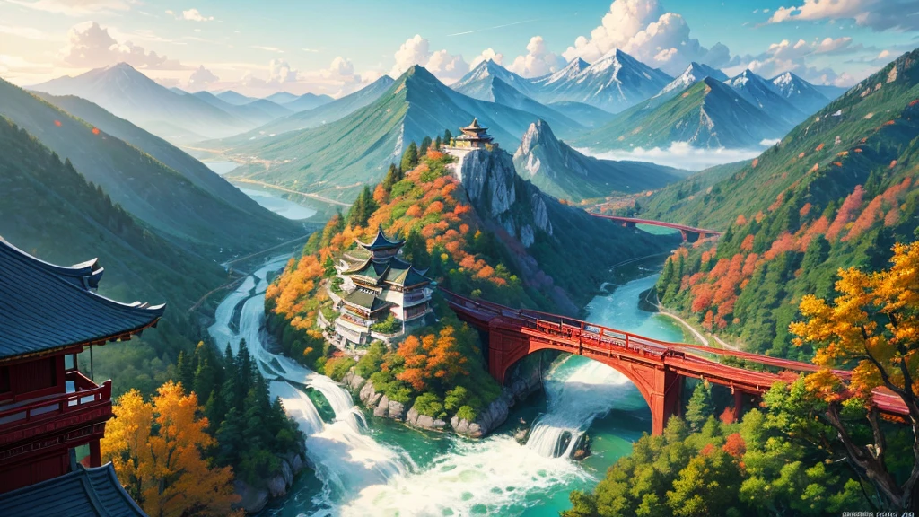The painting depicts a traditional East Asian landscape with soaring rocky mountains studded with trees, The waterfall falls into the river flowing over the curved bridge, and many fall-colored trees at the foot of the mountain. In the sky there were two white birds flying and on the top of the mountain there was a small temple. The sky is painted gently to create the feeling of fog or clouds. The upper right corner of the picture has Chinese characters, could be the artist&#39;s signature or a poem related to the work.