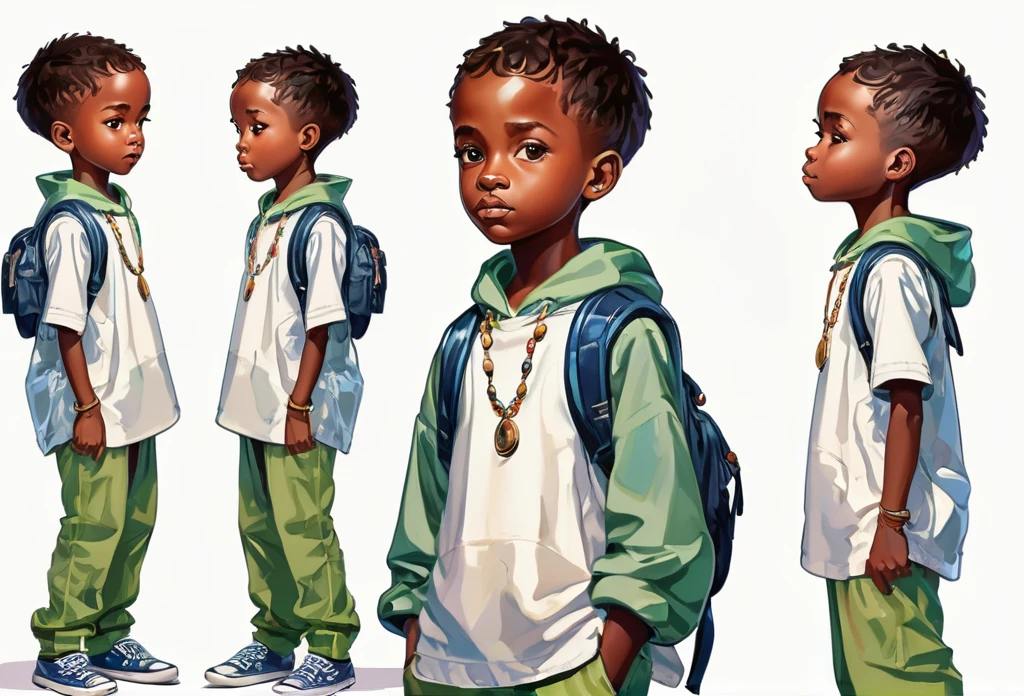 A boy of 9 years old standing, poses, different views point, different angle view,  African (masterpiece best quality:1.2) delicate illustration ultra-detailed,  (no background)  illustrations, bright, colourful, 