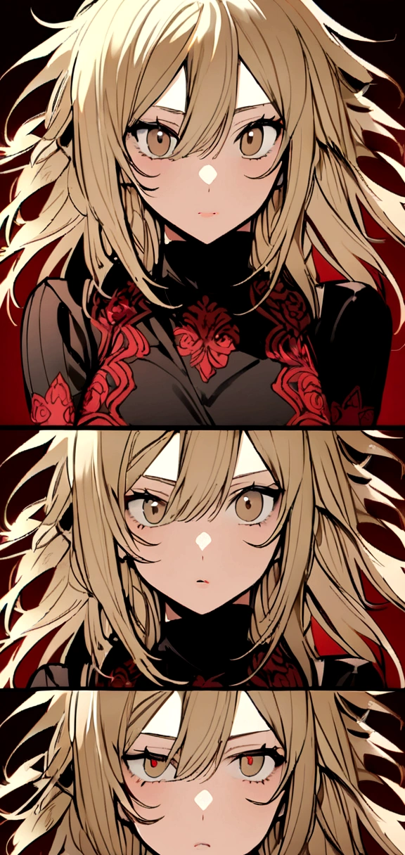 A 20 year old woman who looks cool. The woman had a flat expression. Her body is ideal and beautiful. Wearing a black shirt with a little red pattern. She has blonde wolf cut messy hair and brown eyes. Her eyes were sharp.