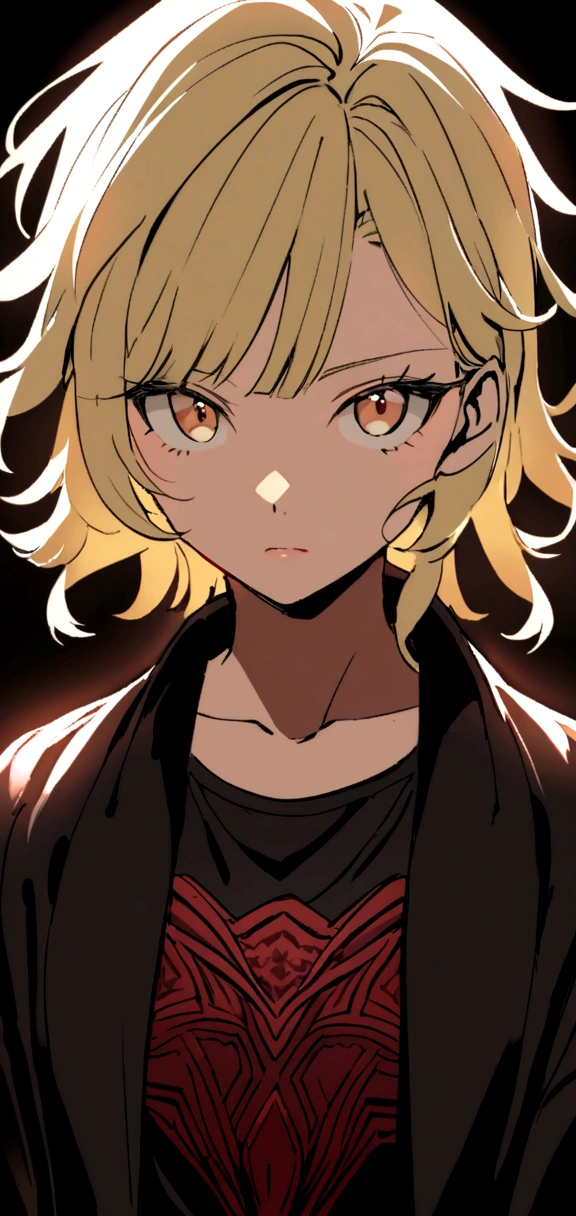 A 20 year old woman who looks cool. The woman had a flat expression. Her body is ideal and beautiful. Wearing a black shirt with a little red pattern. She has blonde wolf cut messy hair and brown eyes. Her eyes were sharp. 