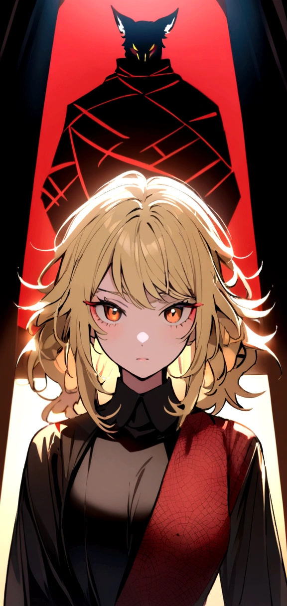 A 20 year old woman who looks cool. The woman had a flat expression. Her body is ideal and beautiful. Wearing a black shirt with a little red pattern. She has blonde wolf cut messy hair and brown eyes. Her eyes were sharp.