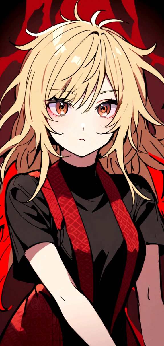 A 20 year old woman who looks cool. The woman had a flat expression. Her body is ideal and beautiful. Wearing a black shirt with a little red pattern. She has blonde wolf cut messy hair and brown eyes. Her eyes were sharp.