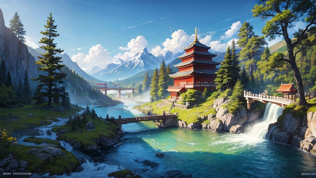 The painting depicts a traditional East Asian landscape with soaring rocky mountains studded with trees, The waterfall falls into the river flowing over the curved bridge, and many fall-colored trees at the foot of the mountain. In the sky there were two white birds flying and on the top of the mountain there was a small temple. The sky is painted gently to create the feeling of fog or clouds. The upper right corner of the picture has Chinese characters, could be the artist's signature or a poem related to the work.