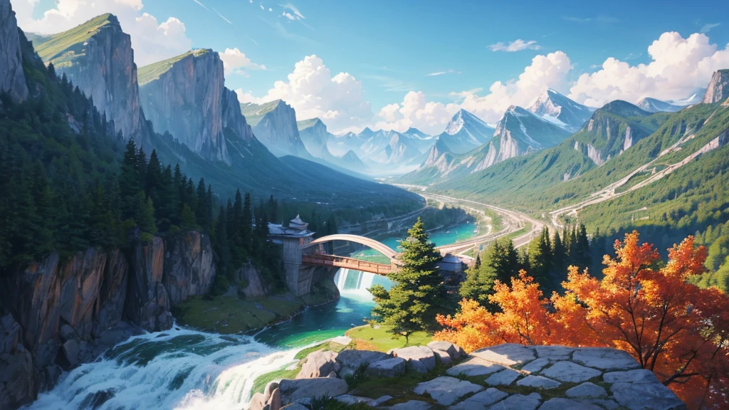 The painting depicts a traditional East Asian landscape with soaring rocky mountains studded with trees, The waterfall falls into the river flowing over the curved bridge, and many fall-colored trees at the foot of the mountain. In the sky there were two white birds flying and on the top of the mountain there was a small temple. The sky is painted gently to create the feeling of fog or clouds. The upper right corner of the picture has Chinese characters, could be the artist's signature or a poem related to the work.