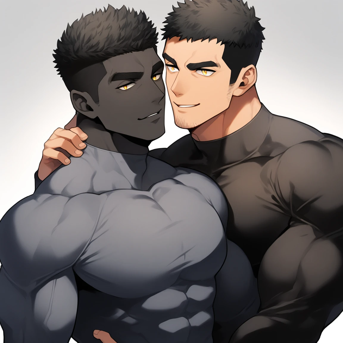 anime characters：Two superheroes in tights, Muscle superhero, negro black skin, They hugged and kissed each other, Bite your neck, Caress, Manliness, male focus, Yellow and black high collar long sleeve tight T-shirt, Slightly transparent material, Very tight, Round, full and perky chest muscles, Muscle waist, Slightly transparent, muscular male, muscular, only, Upper body, alone, Black short hair, Thick eyebrows, stubble, Yellow eyes, Grey background, simple background, amazing quality, best aesthetics, Ridiculous, bright pupils, crew cut, parted lips, seductive smile, torogao, naughty face, drop shadow, best quality