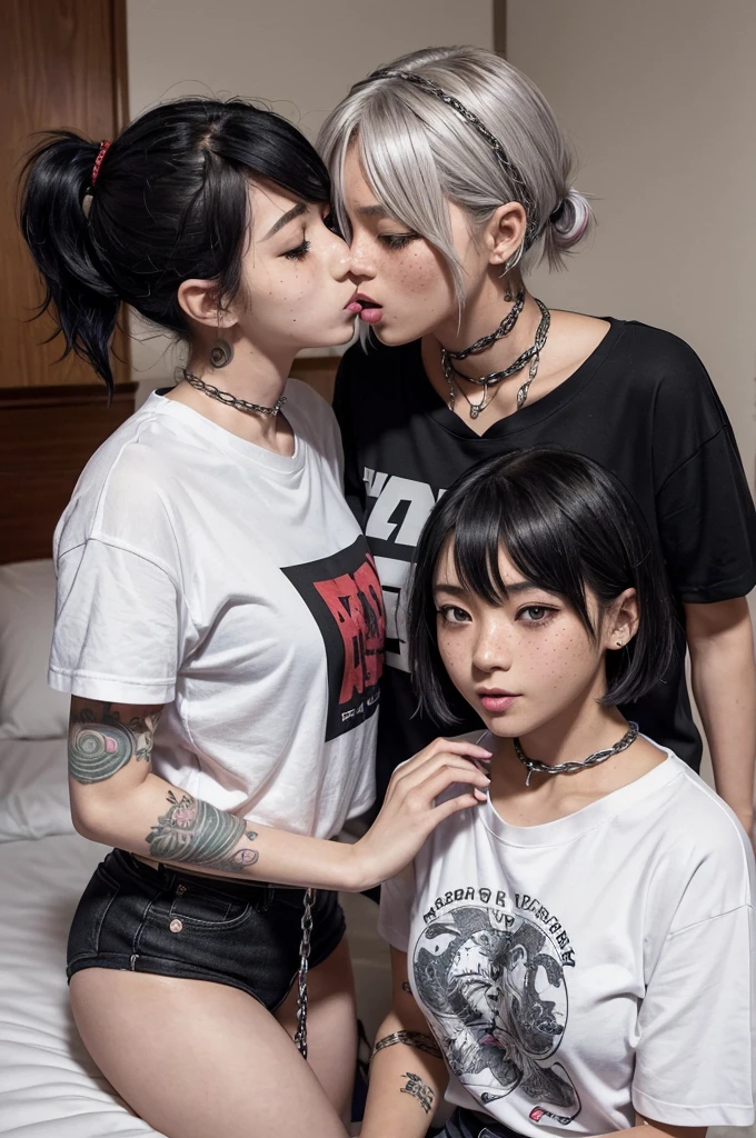 (Tabletop:1.2, Highest quality:1.2), 32k HDR, High resolution, ((対照的なTwo Girls)),((Two Girls:1.5)),((On the bed),)(On the bedに横たわるTwo Girls),(求め合うTwo Girls), (激しく愛し合うTwo Girls), (愛し合うTwo Girls), (With two people,Two Girls),((愛し合うTwo Girls)), ((抱き合うTwo Girls)), ((Silver hair in a short bob cut)),(見つめ合うTwo Girls), ((Deep Kiss:1.2)),(Two Girls),(Two girls), (Black Hairの少女とScarlet Hairの少女), ((Scarlet Hair,Red color hair:1.2,freckles,short hair,Shaggy,Messy Hair,)),((Black Hair,Beautiful straight black hair,Beautiful white skin,ponytail)), (Arms covered in tattoos),(全身をA body covered in tattoos), (A body covered in tattoos),(Dragon Tattoo),(Bishamonten tattoo),chest, Messy Hair, Bedhead, Dynamic pose, tongue,( chestの谷間:1.35), Detailed skin texture, Detailed face, Fine grain, (forward leaning posture:1.1), (tongueを出す, 長いtongue,tongueを絡める,lipsを重ねる),((lips)),(Face tattoos),((Collar with leash)),(Girl in chains),(A girl kept like a dog),Women in ecstasy,climax,Acme,(hoodie),(shirt),(T-shirt with logo),