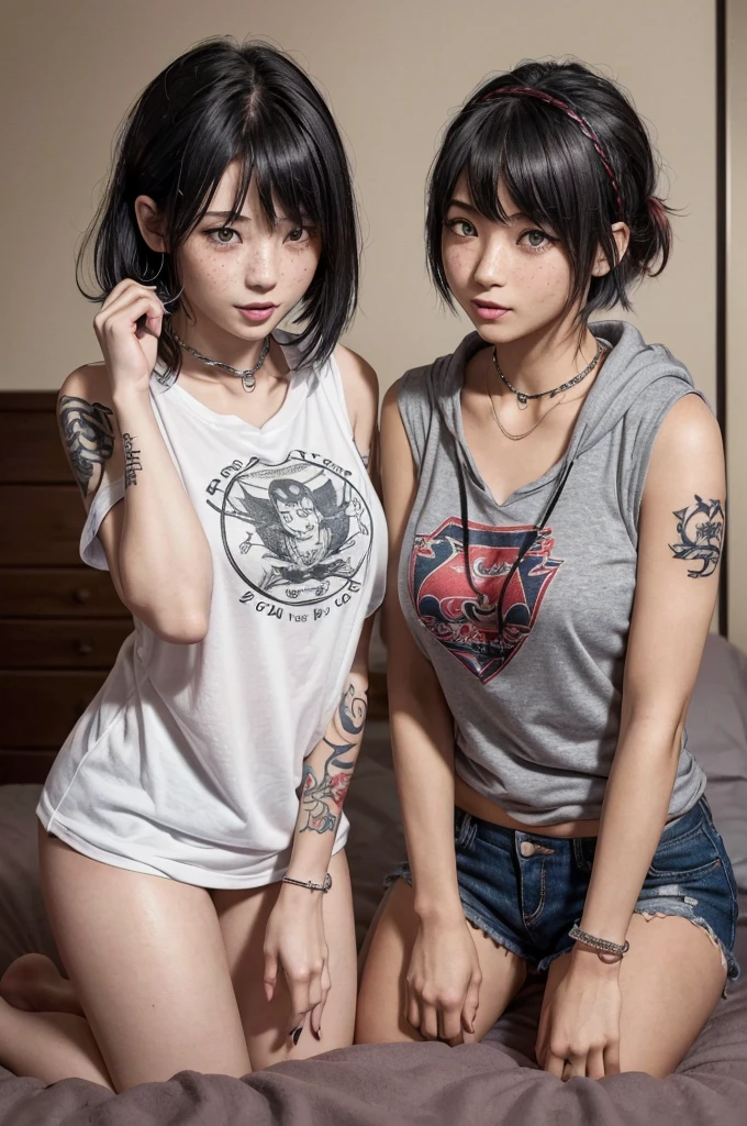 (Tabletop:1.2, Highest quality:1.2), 32k HDR, High resolution, ((対照的なTwo Girls)),((Two Girls:1.5)),((On the bed),)(On the bedに横たわるTwo Girls),(求め合うTwo Girls), (激しく愛し合うTwo Girls), (愛し合うTwo Girls), (With two people,Two Girls),((愛し合うTwo Girls)), ((抱き合うTwo Girls)), ((Silver hair in a short bob cut)),(見つめ合うTwo Girls), ((Deep Kiss:1.2)),(Two Girls),(Two girls), (Black Hairの少女とScarlet Hairの少女), ((Scarlet Hair,Red color hair:1.2,freckles,short hair,Shaggy,Messy Hair,)),((Black Hair,Beautiful straight black hair,Beautiful white skin,ponytail)), (Arms covered in tattoos),(全身をA body covered in tattoos), (A body covered in tattoos),(Dragon Tattoo),(Bishamonten tattoo),chest, Messy Hair, Bedhead, Dynamic pose, tongue,( chestの谷間:1.35), Detailed skin texture, Detailed face, Fine grain, (forward leaning posture:1.1), (tongueを出す, 長いtongue,tongueを絡める,lipsを重ねる),((lips)),(Face tattoos),((Collar with leash)),(Girl in chains),(A girl kept like a dog),Women in ecstasy,climax,Acme,(hoodie),(shirt),(T-shirt with logo),