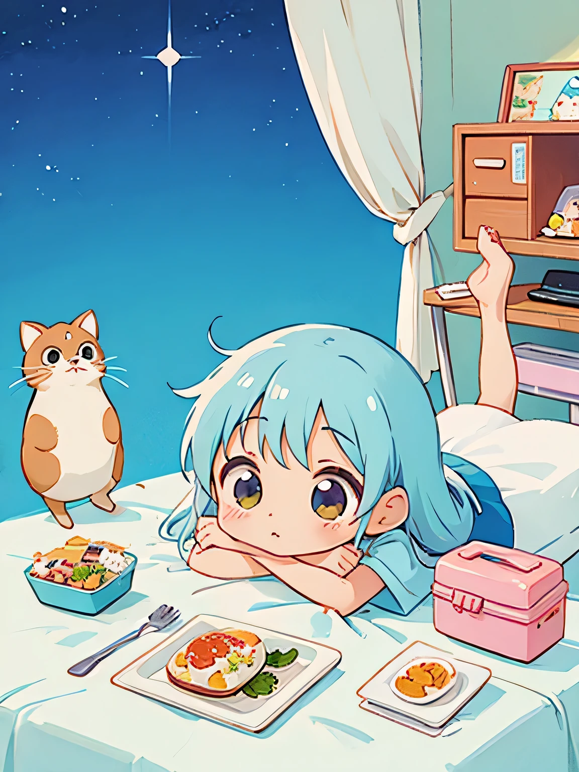 Hayao Miyazaki style、Kawaii Design, The most beautiful girl of all time, chibi, dinner, hospital bed,