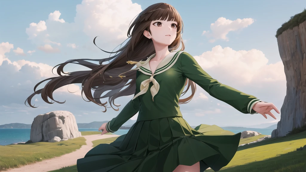 masterpiece, Highest quality, High resolution, aayoshino, Long Hair, Twin Blade, Brown eyes, Hair that falls over the shoulders, , Sailor collar, neckerchief, Green Shirt, Sailor shirt, Long sleeve, Green Skirt, Long skirt, Are standing, Cowboy Shot, Outdoor,