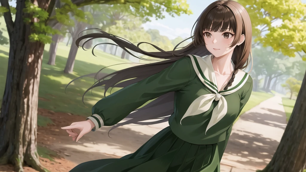 masterpiece, Highest quality, High resolution, aayoshino, Long Hair, Twin Blade, Brown eyes, Hair that falls over the shoulders, , Sailor collar, neckerchief, Green Shirt, Sailor shirt, Long sleeve, Green Skirt, Long skirt, Are standing, Cowboy Shot, Outdoor,