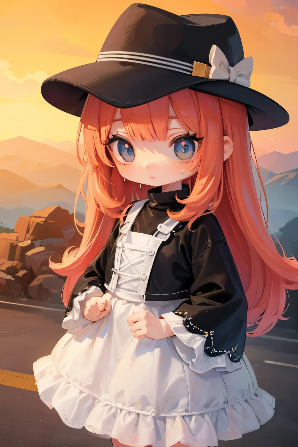 Chibi Girl、Walking along a straight road in Valley of Fire State Park、hat、Sweat、heat haze、No green、I can see a big rock mountain、Very detailed、Ultra-realistic、Photorealistic、8K、Hyperrealistic、masterpiece、Beautiful detailed eyes、Beautiful detailed lips、Very detailedな顔、Long eyelashes、Beautiful young girl、Calm expression、Warm colors、Beautiful lighting、Cinematic、Intricate details、Bright colors、Soft Focus、Depth of written boundary