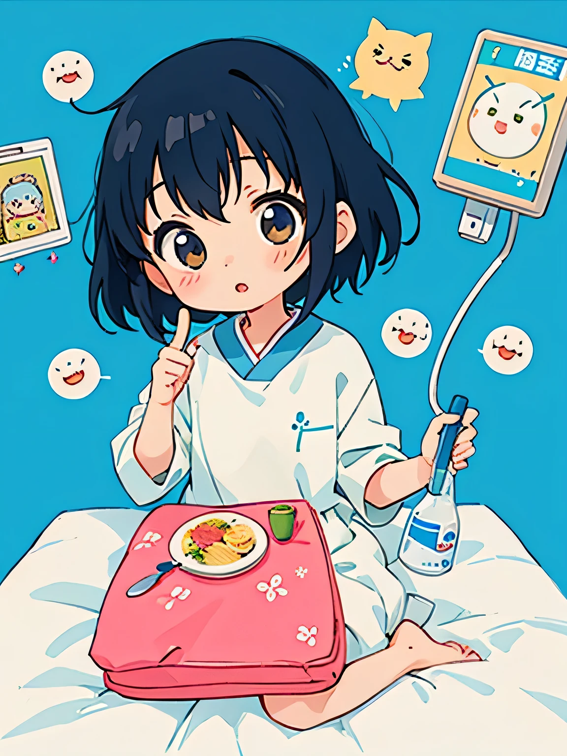 Hayao Miyazaki style、Kawaii Design, The most beautiful girl of all time, chibi, dinner, hospital bed,