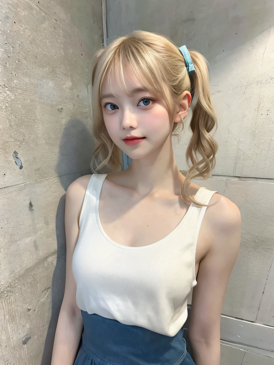 One person、、Full body photo,slender、woman、White drool coming out of the mouth、smile、、Blonde、Short Twin Tails、 Fair skin, messy hair, super cute、Soft and Face、8K resolution、Surreal、Ultra high definition、 A-cup small breasts((Highest resolution、8K、masterpiece:1.3))、Ultra-fine face、Ultra Fine Lips、Beautiful Eyes、double eyelid,Pink wall、Navy blue polo shirt with sleeveless collar、Red Skirt、Thighs、thin,Thighsが見える、Shapely small breasts、sexy、So cute!,Sitting in a chair、Thighsが見える、