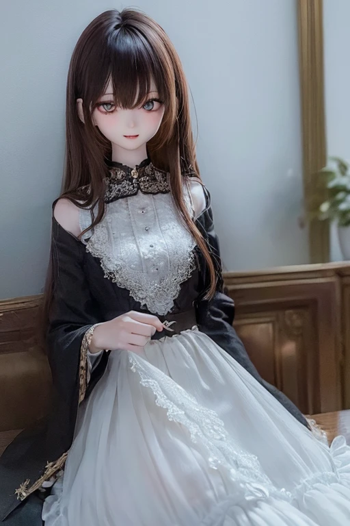 photorealistic, realistic photo, ((highest quality)), ((masterpiece)), extremely detailed, kukolnydom, doll, (mature woman, 20yo, 20 years old:1.6), solo, ((cowboy shot, leaning on table)), (skinny, slender, slim, little smile, parted lips), green eyes, brown hair, medium hair, loose curly hair, (looking at another, blank eyes, empty eyes, detailed eyes:1.3), dress, castle, 8k