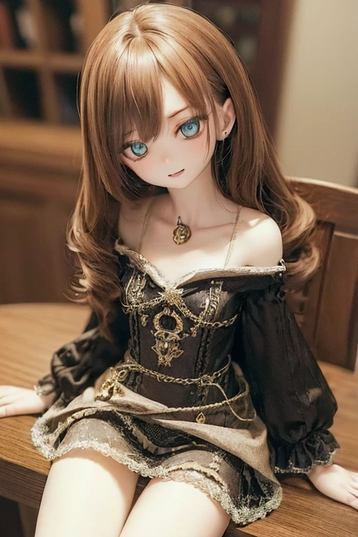photorealistic, realistic photo, ((highest quality)), ((masterpiece)), extremely detailed, kukolnydom, doll, (mature woman, 20yo, 20 years old:1.6), solo, ((cowboy shot, leaning on table)), (skinny, slender, slim, little smile, parted lips), green eyes, brown hair, medium hair, loose curly hair, (looking at another, blank eyes, empty eyes, detailed eyes:1.3), dress, castle, 8k