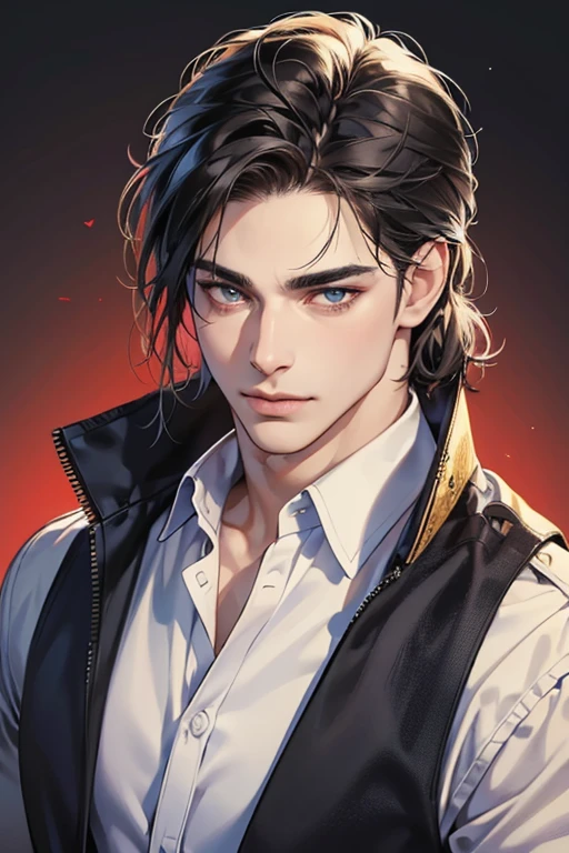 (best quality,4k,8k,highres,masterpiece:1.2),ultra-detailed,(realistic,photorealistic,photo-realistic:1.37),30 year old man,3 day beard,handsome anime,portraits,strong,masculine,dark hair,sharp jawline,mesmerizing eyes,perfectly styled hair,cool anime outfit,confident expression,vibrant colors,dynamic lighting, CEO and expression smile in love.