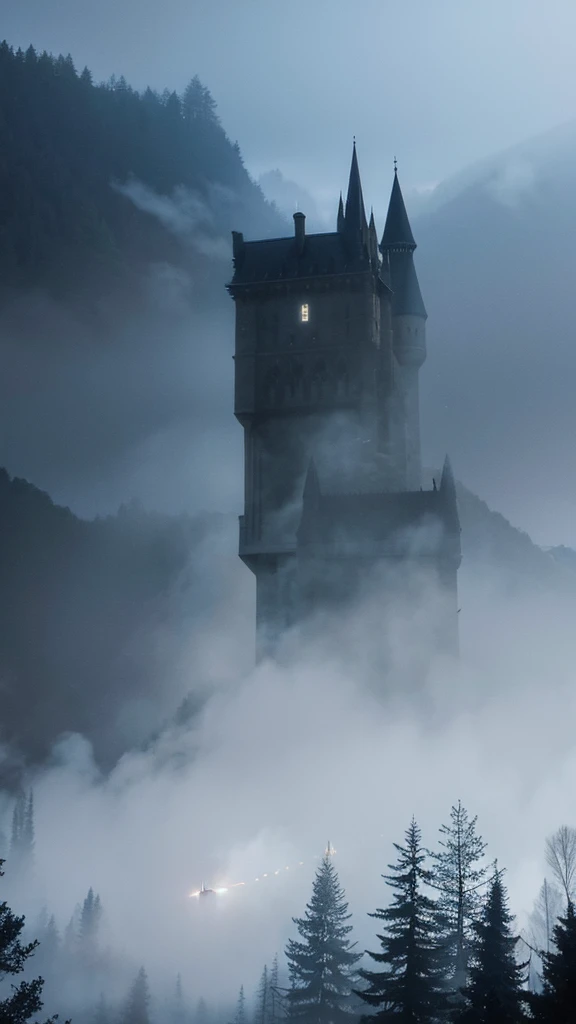 Many Dementors flying, in the misty Hogwarts forest at night,Photorealistic, precise and high quality,Covered in white mist