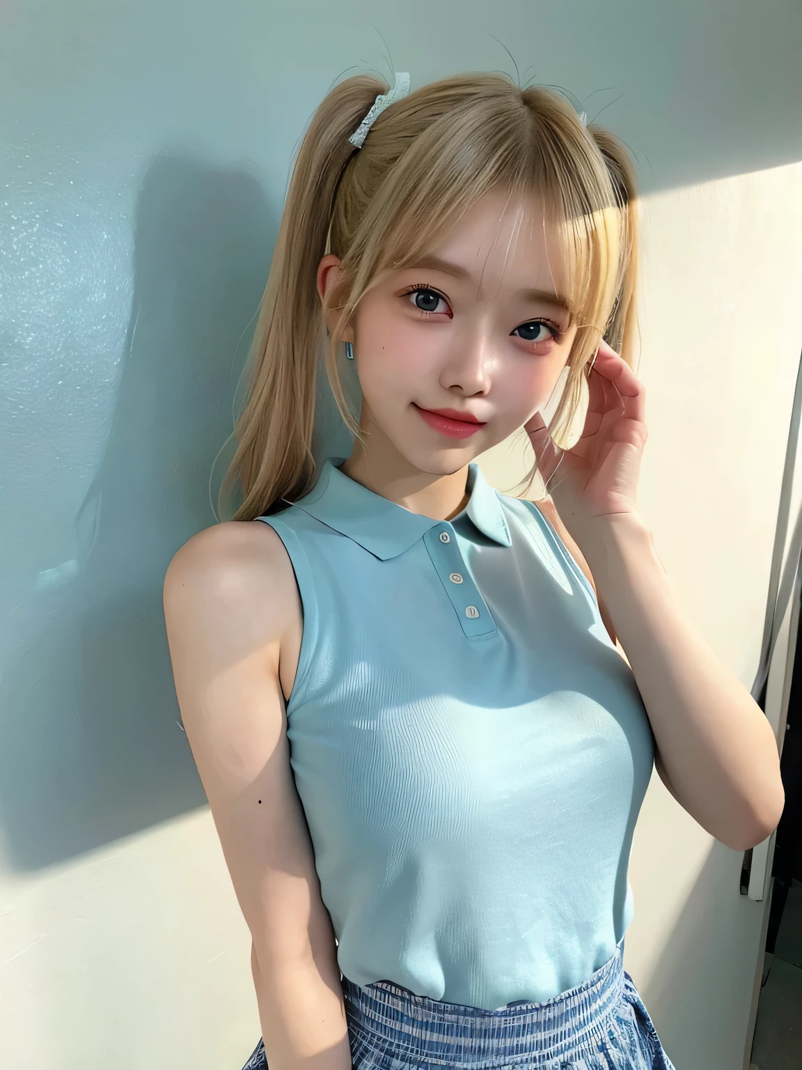 One person、17 years old、Full body photo,slender、woman、White drool coming out of the mouth、smile、、Blonde、Short Twin Tails、 Fair skin, messy hair, super cute、Soft and Face、8K resolution、Surreal、Ultra high definition、 A-cup small breasts((Highest resolution、8K、masterpiece:1.3))、Ultra-fine face、Ultra Fine Lips、Beautiful Eyes、double eyelid,Light blue wall、Sleeveless green polo shirt、White Skirt、Thighs、thin,Thighsが見える、Shapely small breasts、sexy、So cute!