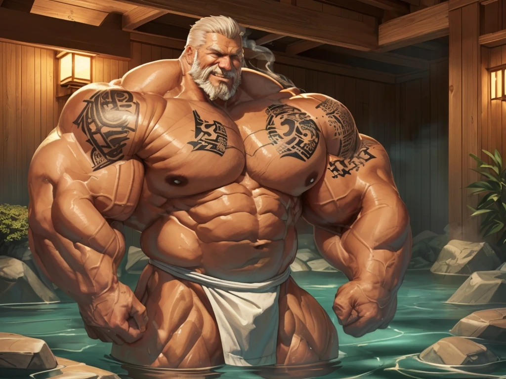 huge muscular old man dwarfs soaking in an open onsen, white and short hair, white beard, old, old man, grandpa, half submerged, huge scar on chest, , (huge muscular), (yakuza tattoo:1.2), detailed muscles, 8k, masterpiece:1.2, hyperrealistic, white fundoshi:1.2, highly detailed full body, ((really big muscle, massive muscular, sixpack, thick arms, wide pectoral, super huge muscle, small head, huge shoulder, hyper muscular, submerged, floating steam, over sized muscle, huge arms, big arms, huge pectoral)), rich colors, serene atmosphere, hot spring, landscape, soft ambient lighting, wrinkled skin, happy expression, reflective water, peaceful relaxation