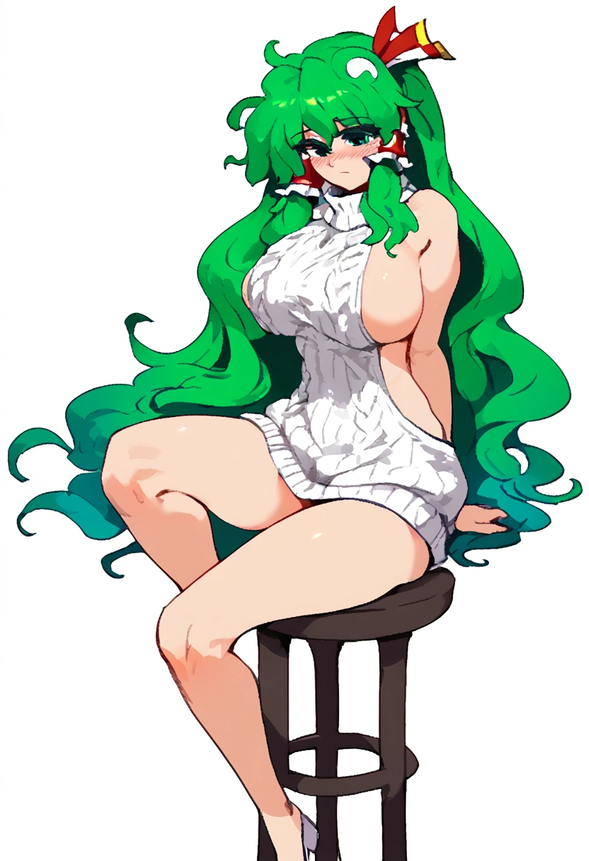Expressive, score_9, score_8_up, score_9_up, Touhou, masterpiece, high quality, highly detailed, 1girl, kochiya sanae, solo, green hair, long hair, green eyes, long hair, big breasts, blush, round breasts,,,,,, frog hair ornament, hair tubes, snake hair ornament,,,, thin waist, sit on stool, white background,, virgin er sweater,