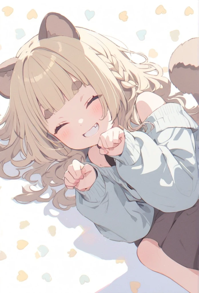 anime,(pale colors:1.8),long shot, 1girl, (on right:1.3), full body, solo, grin, smile, closed eyes, dynamic angle, lying on, paw pose, fang, tongue, light yellow hair, racoon ears, racoon tail, (brown streaked hair:1.3), side braid, (blunt bangs), wavy hair,thick eyebrows, off shoulder clothes, cutout, heart background,