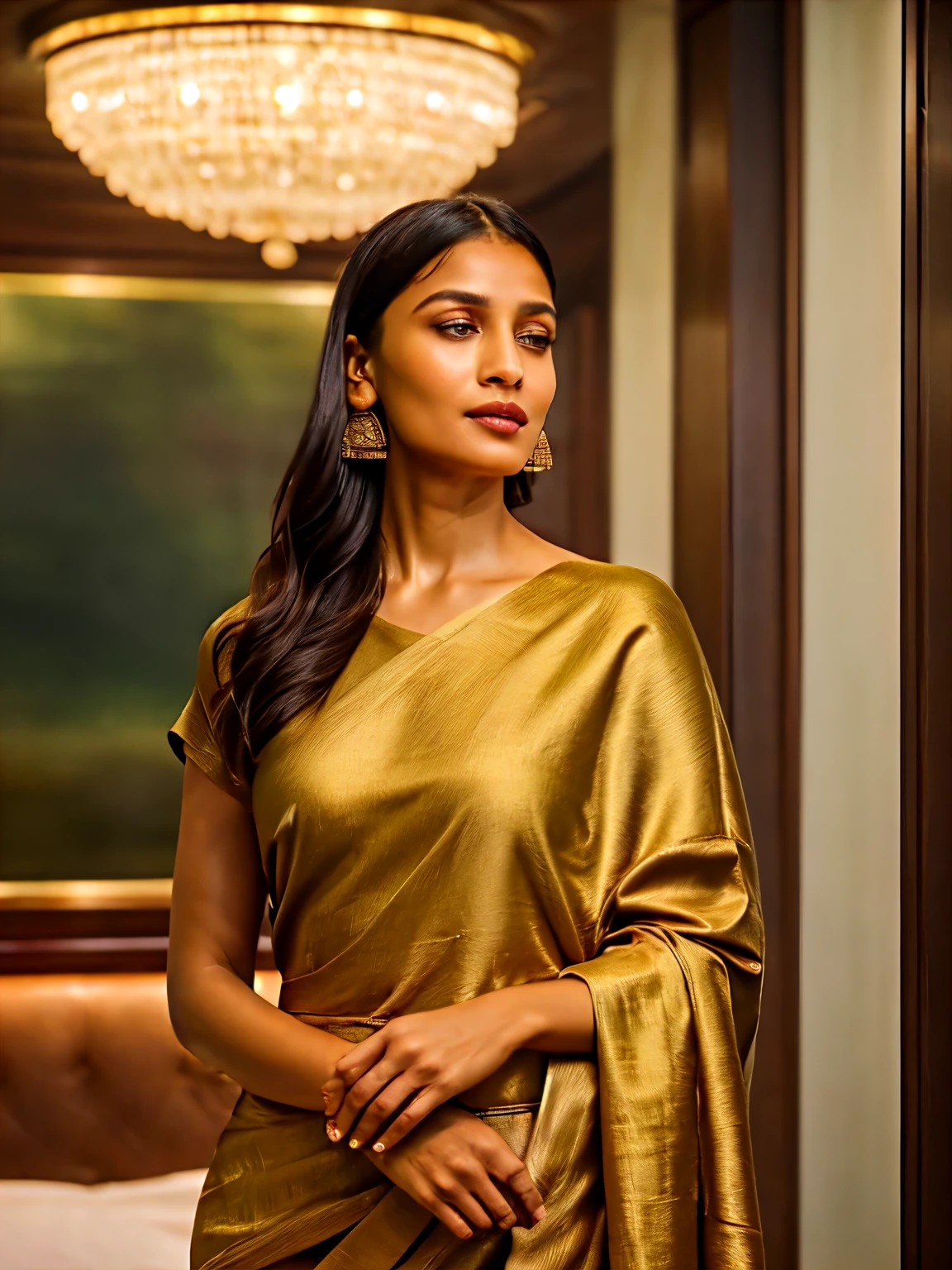 In this photograph, an Indian woman in her mid-30s takes center stage. She has well-groomed, straight hair, styled in a chic and elegant manner, perfectly framing her face. Her highly detailed face exudes confidence and grace, enhanced by a subtle smile. The background showcases a 5-star hotel’s moody private study, evoking a sense of luxury and sophistication. The photograph, captured by Lee Jeffries using a Nikon D850 with a film stock of 4 Kodak Portra 400 and a camera f1.6 lens, displays rich colors, hyper-realistic and lifelike texture, dramatic lighting, and realistic detail.

The full-body image reveals the woman wearing a sleek black dress that exudes elegance and sophistication. The dress is tastefully designed, accentuating her stylish look. She completes her ensemble with minimalistic yet striking jewelry, adding to her sophisticated appearance. Her well-groomed appearance and poised stance further enhance the image's refined quality.

The photograph is meticulously captured in 8K resolution using cutting-edge techniques such as Cinema 4D and Octane Render, resulting in a highly detailed and photorealistic image. Studio lighting, HDR, and a smoky mist create a captivating ambiance, while the bokeh effect adds an artistic touch.