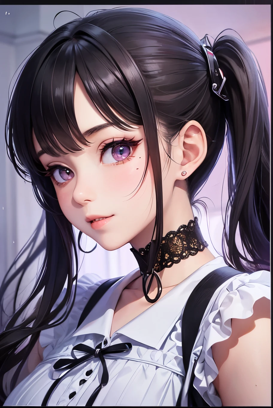 masterpiece, best quality, highly detailed, high resolution, expensive resolution, high resolution, 4k, 8k, uniform 8k wallpaper, highly detailed CG, masterpiece, 2d, 3d, beautiful details, depth, fine texture, best quality: 1.3, perfectly focused, sharp. skin, him, very cute anime girl, her name is Mei, short pigtails, idol, in the rain, expensive pink short pigtails, mole under eye, looking at the viewer, expensive, blush, mole, open lips, pink eyes, heart shaped choker, smiling face