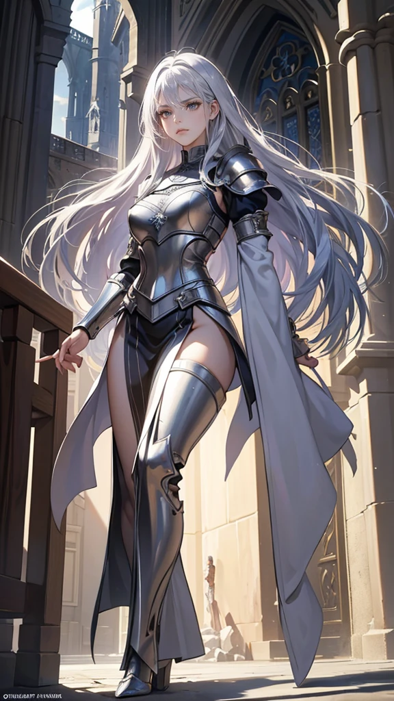 Young woman, Perfect woman body, epic character, (beautiful, Tall, elegant,long silver hair, silver eyes, Frown, silver light armor,stand in medieval town),dramatic shadow, Ray Tracing,(masterpiece, high resolution, perfect black eyes, fullshot angle, ultra - detailed:1.0)