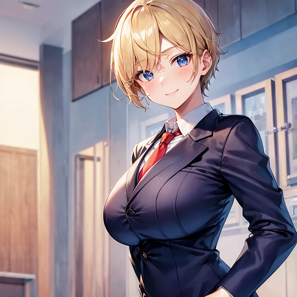 solo、((Huge breasts))、Blonde、Very short hair、blue eyes、Narrow waist、student、Navy blue blazer、slacks、necktie、Tall、Red cheeks、Perm、A confident smile、Standing with hands on hips