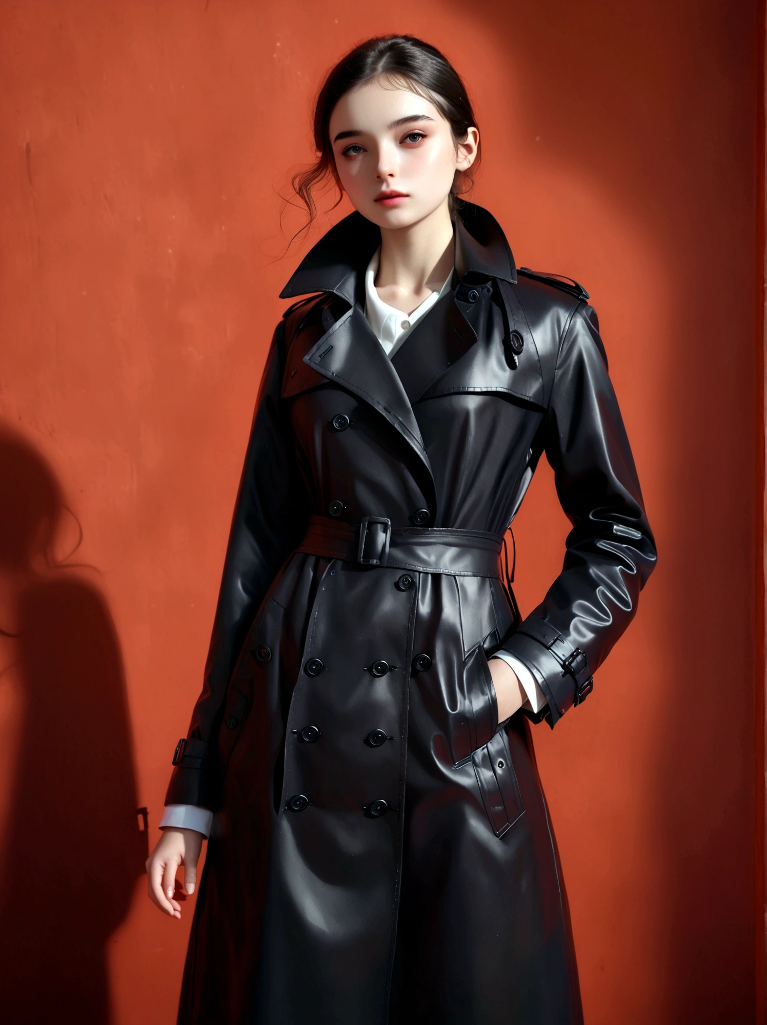 (Best quality, masterpiece:1.4), (realism:1.2), (realism:1.2), (Absurdity:1.2), (Photo Realism:1.3), Realistic skin, solo, 1girl, solo, Red background, whole body, Standing, (Black trench coat suit:1.5), Best quality, masterpiece, high resolution, Official Art,