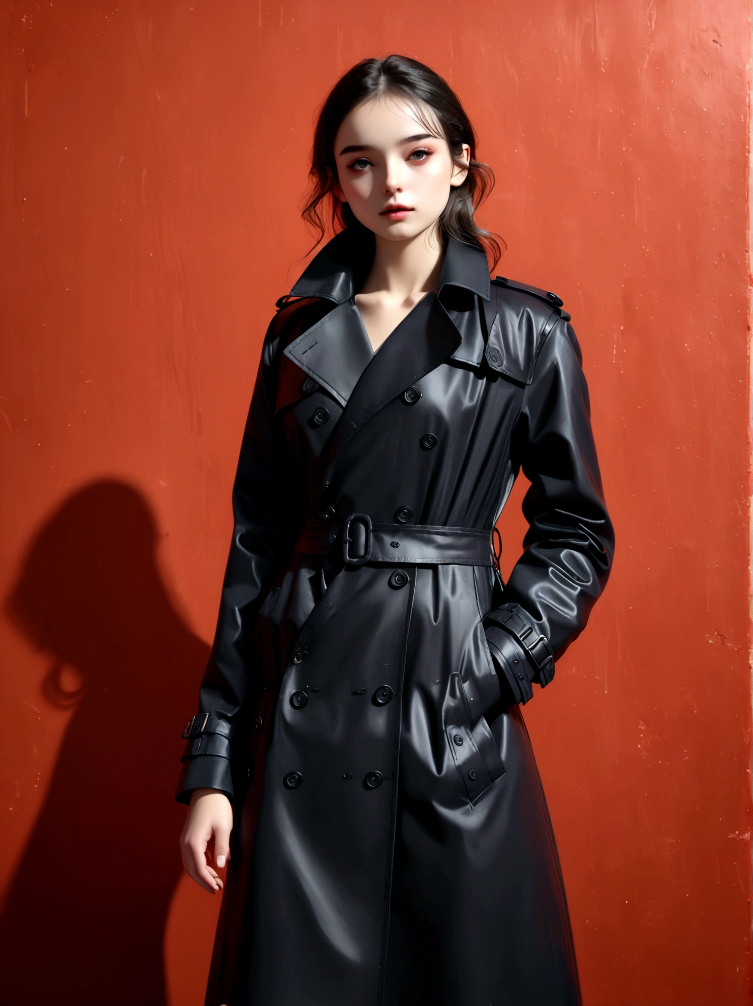 (Best quality, masterpiece:1.4), (realism:1.2), (realism:1.2), (Absurdity:1.2), (Photo Realism:1.3), Realistic skin, solo, 1girl, solo, Red background, whole body, Standing, (Black trench coat suit:1.5), Best quality, masterpiece, high resolution, Official Art,