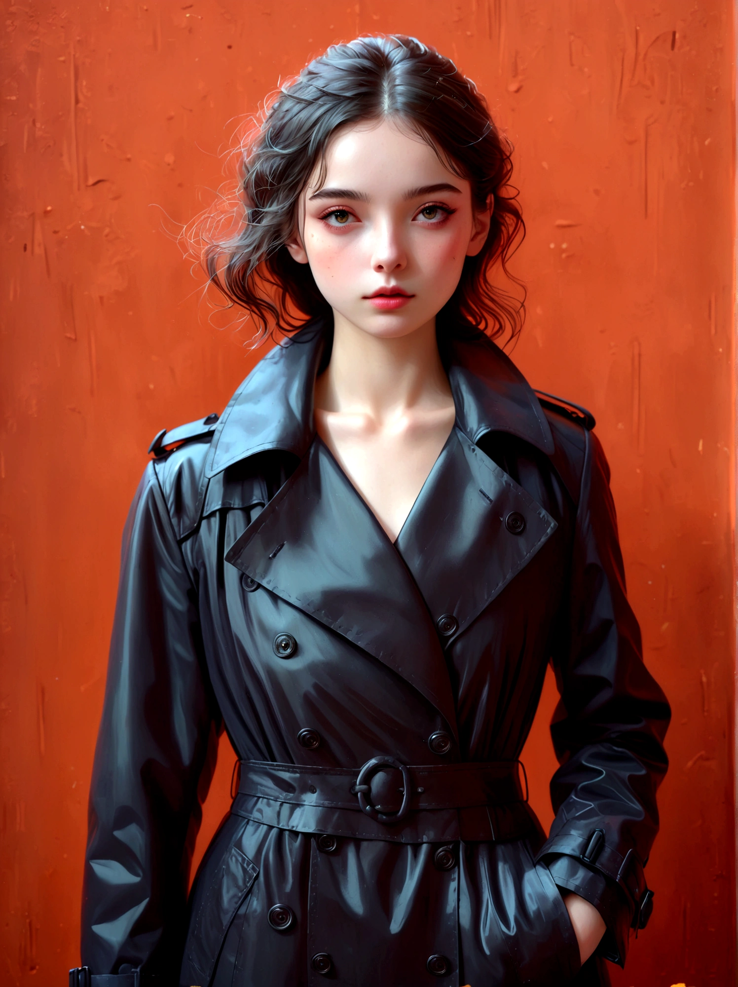 (Best quality, masterpiece:1.4), (realism:1.2), (realism:1.2), (Absurdity:1.2), (Photo Realism:1.3), Realistic skin, solo, 1girl, solo, Red background, whole body, Standing, (Black trench coat suit:1.5), Best quality, masterpiece, high resolution, Official Art,