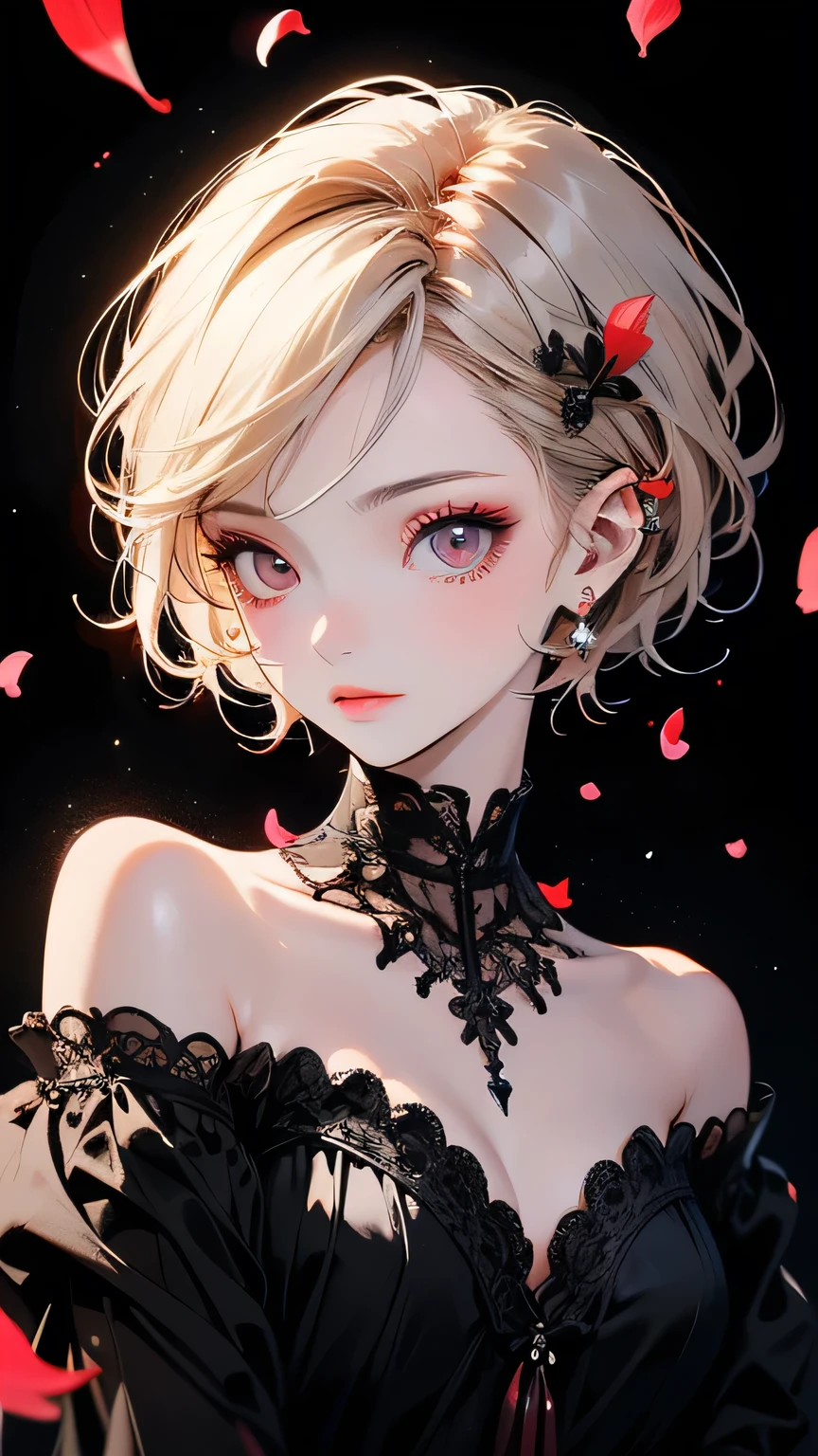 ((masterpiece,Highest quality)),One girl,Beautiful attention to detail, Detailed face, (whole body:1.2), White short hair, Red eyes,Mid-chest, (Black background:1.2), petal, Shadowed face,