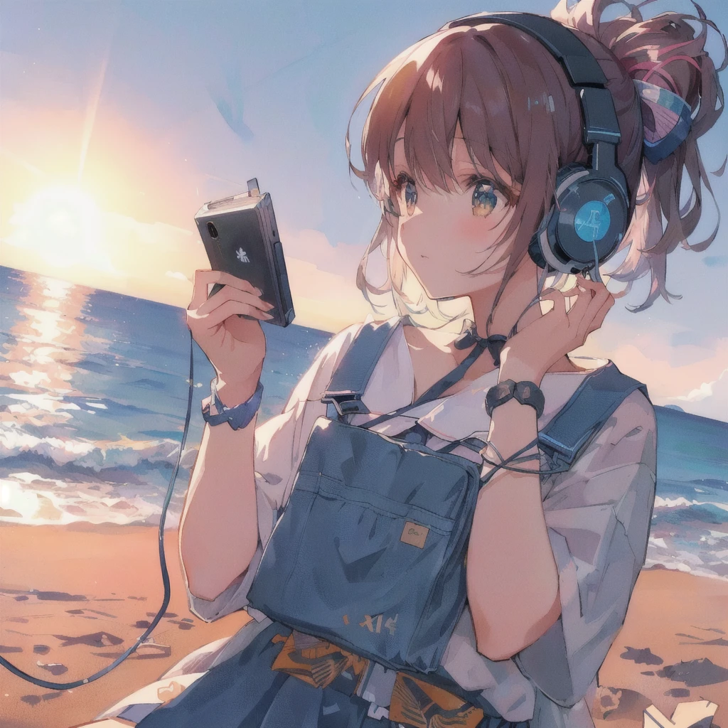 Anime girl listening to music on an old portable audio device by the water, A puzzled look,headphone,Anime atmosphere, Anime Style 4k, 80年代のAnime atmosphere, Sandy Beach,Lo-fi Girl, Nightcore, 4K Manga Wallpapers, A mix of anime style and Fujifilm, Anime Aesthetics, anime wallpaper 4k, anime wallpaper 4k, Lo-fi art style, 4k anime wallpaper, Ultra HD Anime Wallpaper